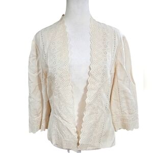 ADRIANNA PAPELL Linen Lace Trim Open Front Cardigan/jacket/Top In Cream. Size 8